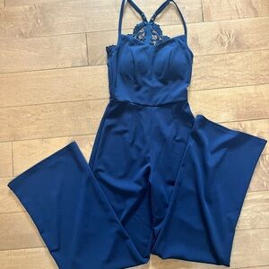Francesca's Elegant Navy Blue Jumpsuit with crocheted lace back